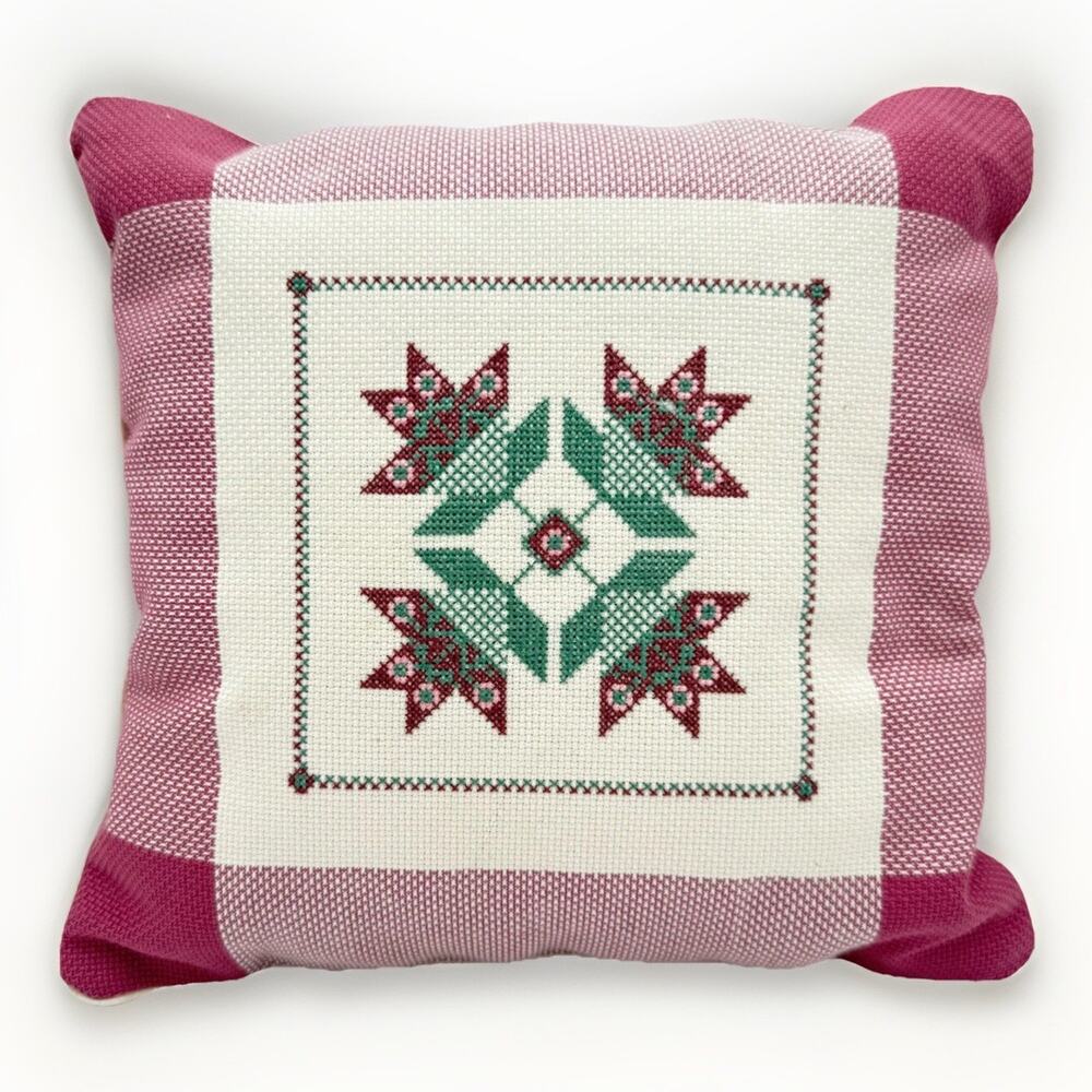 Vintage Handmade Pink Cross Stitch‎ Pillow Cottage Nursery Floral Petite ~ 11"